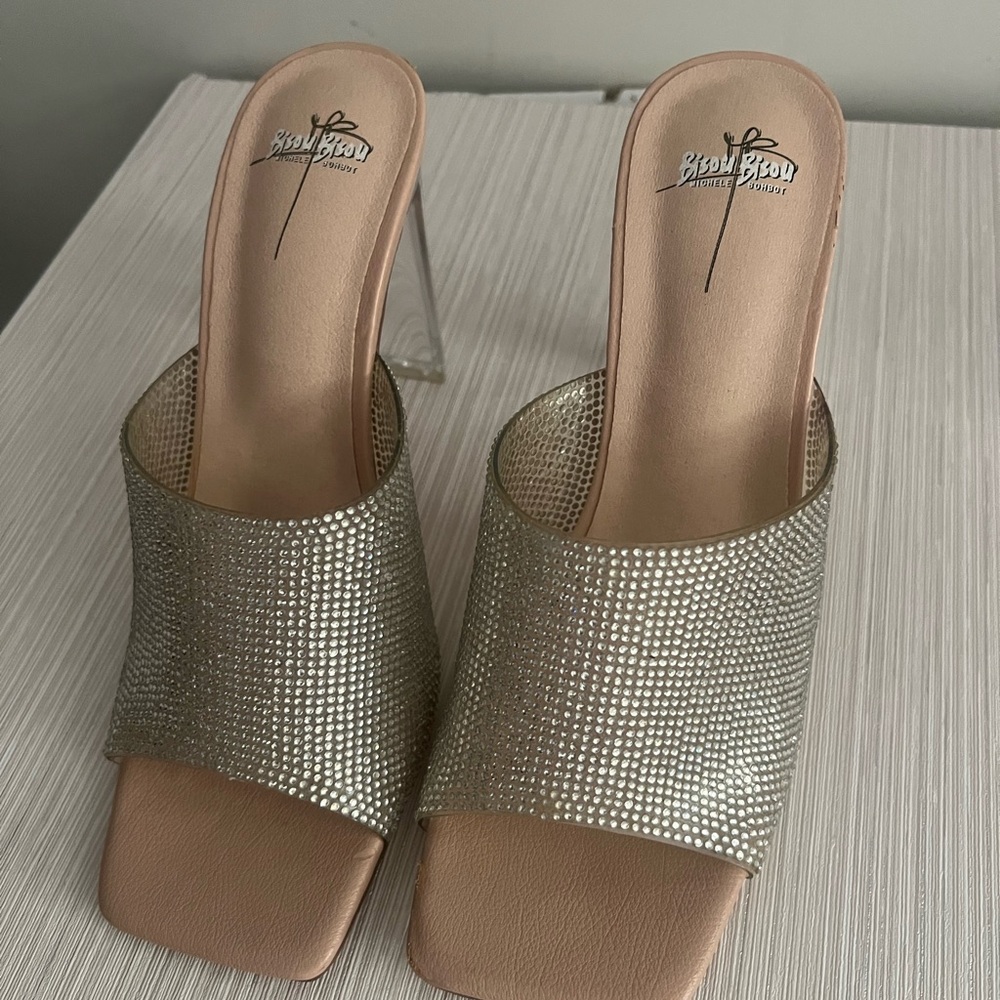 Bisou Bisou Gold and Tan Mules with Rhinestone Embellishment